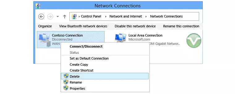 Using the Start screen to Create a new VPN Deleting a connection