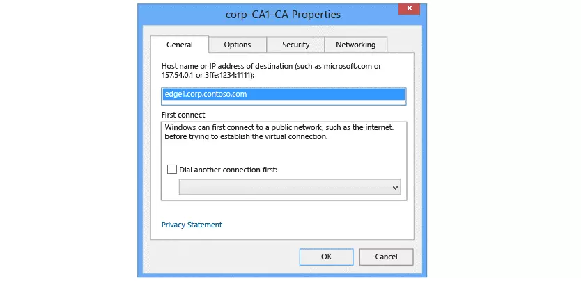 Using the Start screen to Create a new VPN connection Connection Properties