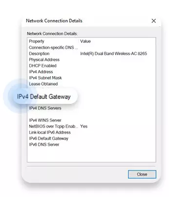 Genel IP adresinizi IPv4 Varsayılan Ağ Geçidi yanında göreceksiniz