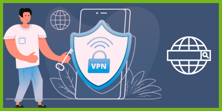 VPN security icon. A man is holding a key. Illustration