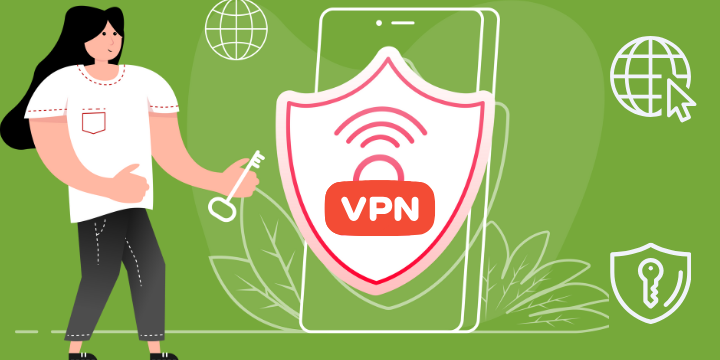 Woman is holding a key, VPN is working on the phone. Graphical illustration