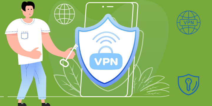 Woman is holding a key, VPN is working on the phone. Graphical illustration