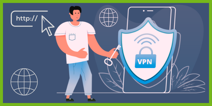 VPN security icon. A man is holding a key