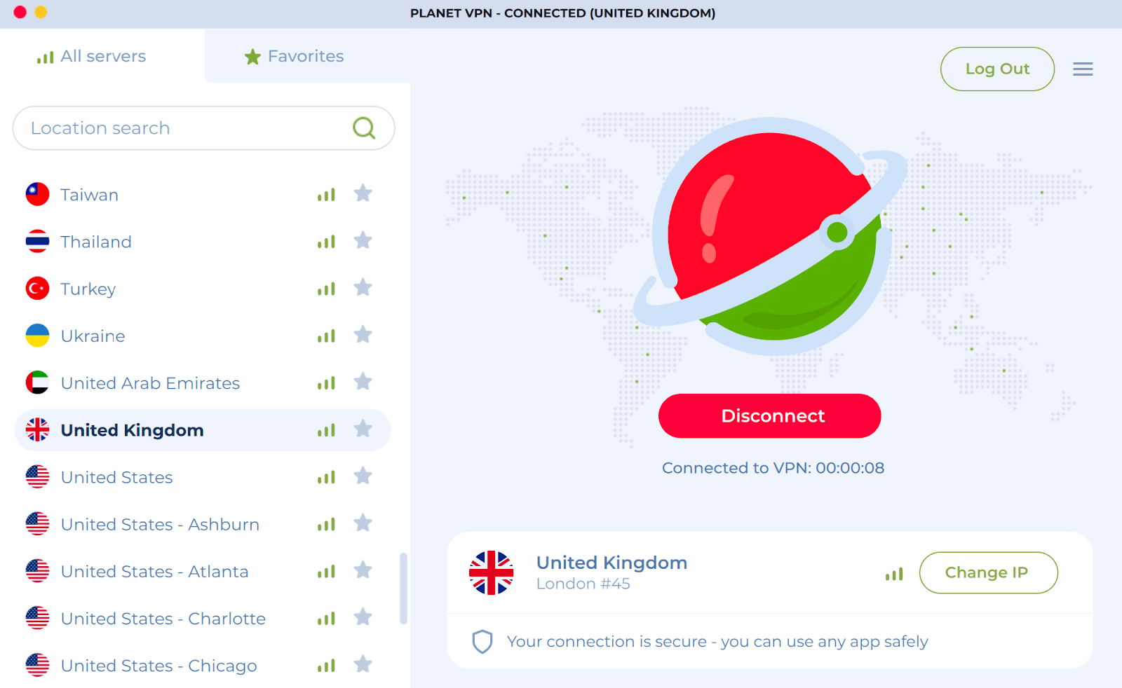 Planet VPN connected to United Kingdom server