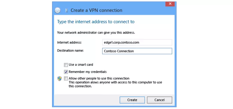 Using the Start screen to Create a new VPN connection Wizard Screen One
