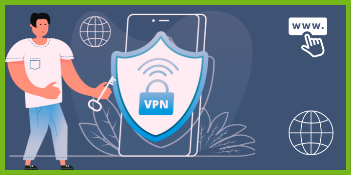 VPN security icon. A man is holding a key graphic