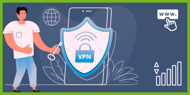 VPN security icon. A man is holding a key with VPN