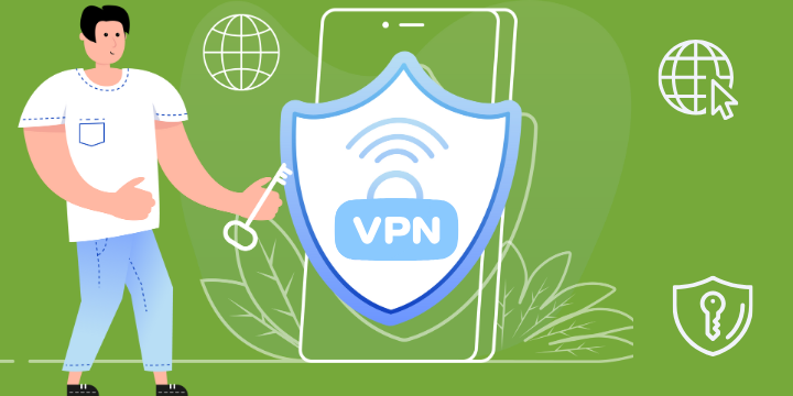 Woman is holding a key, VPN is working on the phone. Graphic