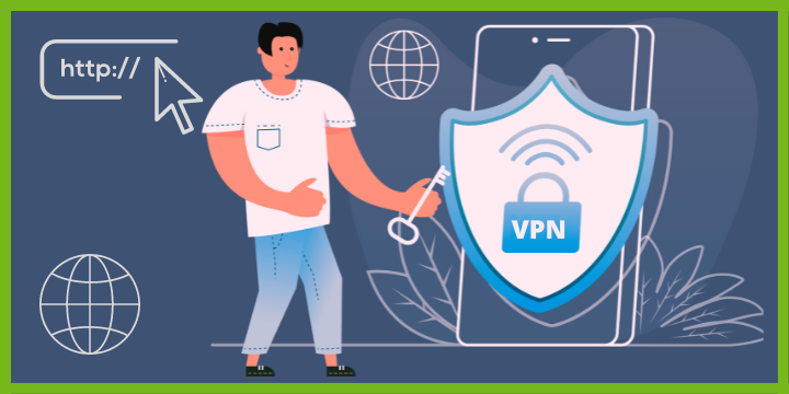 VPN security icon. A man is holding a key 