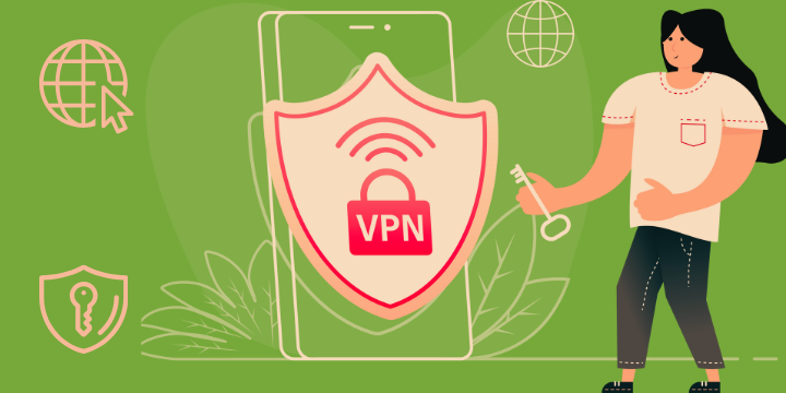 Woman is holding a key, VPN is working on the phone. Graphic